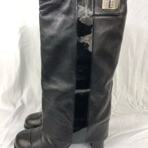 RARE CHANEL 38 US 8 Black Leather Sheath Fold Over Mid-Calf Boots High Heeled
